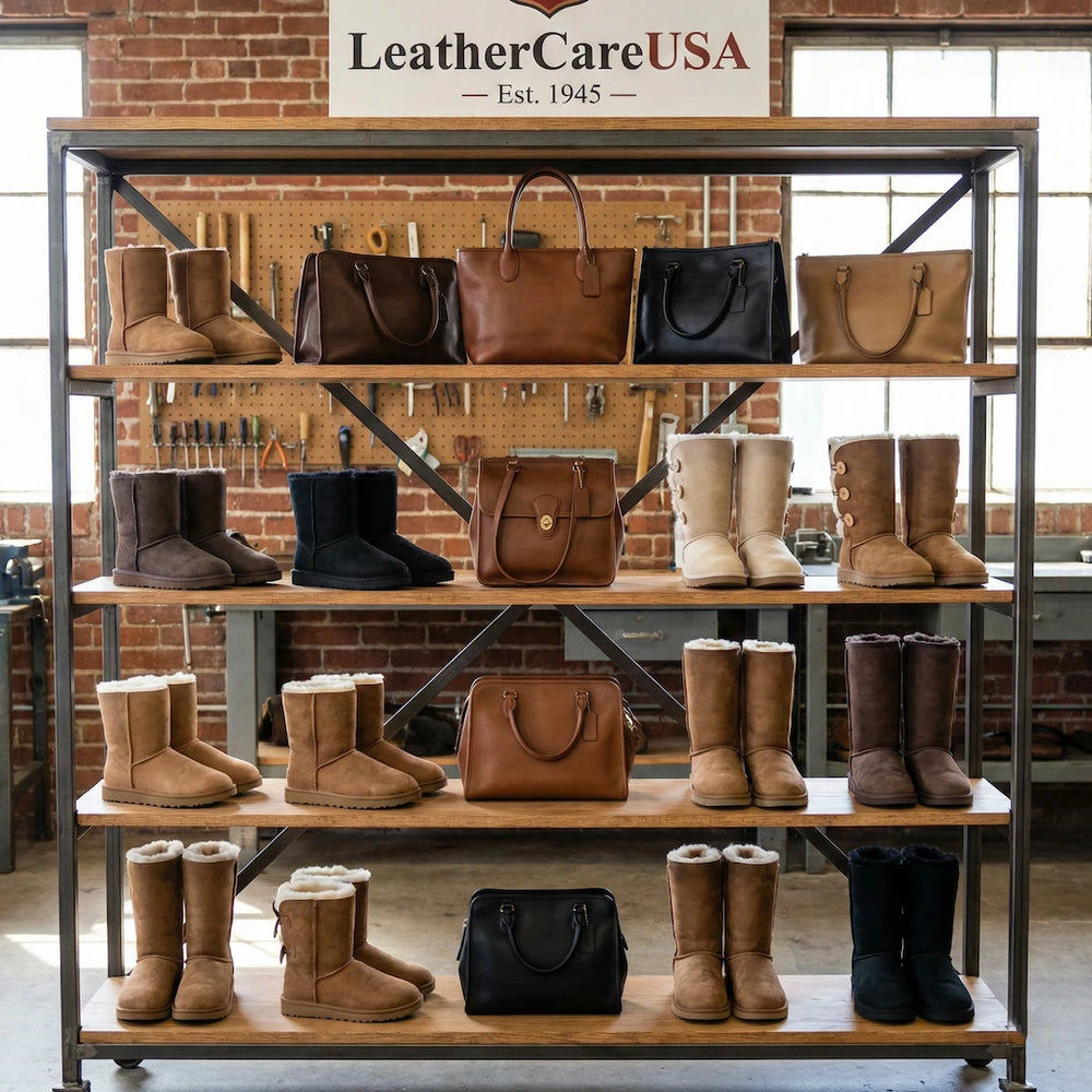 Display of boots and handbags on a metal rack with 'LeatherCare USA' sign in the background.