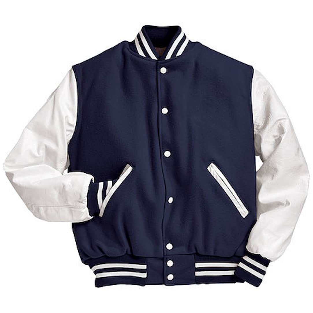 Navy blue and white varsity jacket cleaned at leathercareusa.com