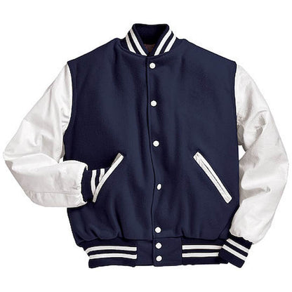 Navy blue and white varsity jacket cleaned at leathercareusa.com