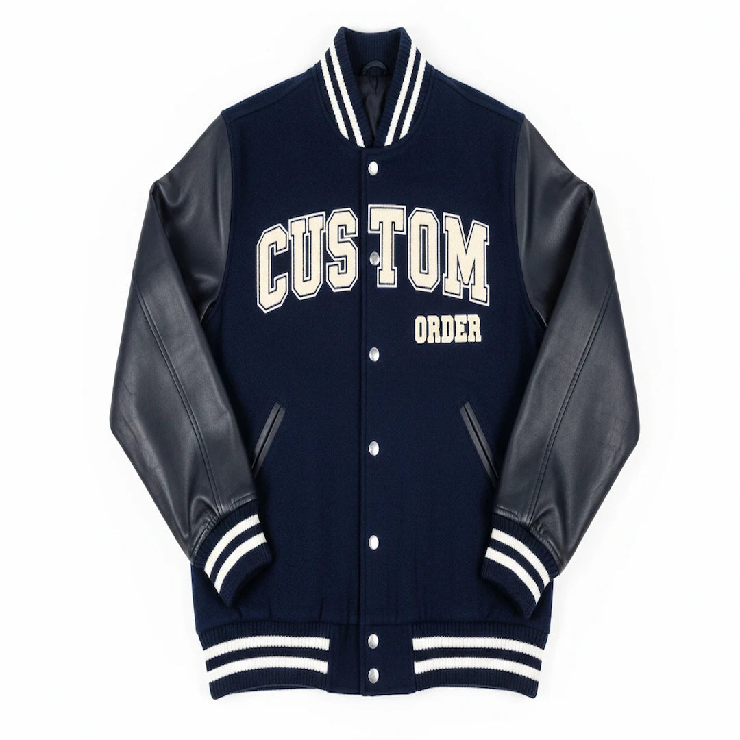 Navy varsity jacket with leather sleeves and 'Custom Order' text on a white background