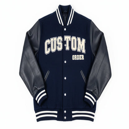 Navy varsity jacket with leather sleeves and 'Custom Order' text on a white background
