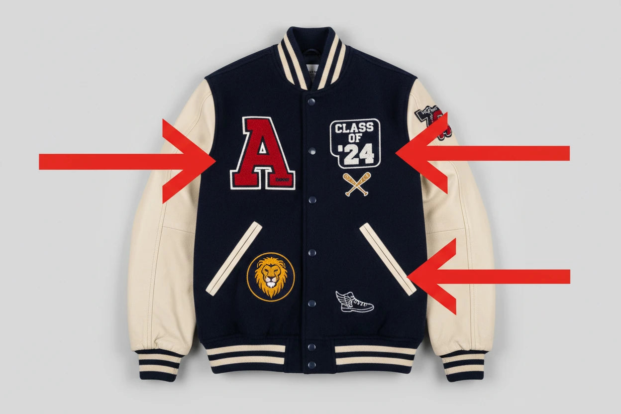 Varsity jacket with various patches and logos on a gray background